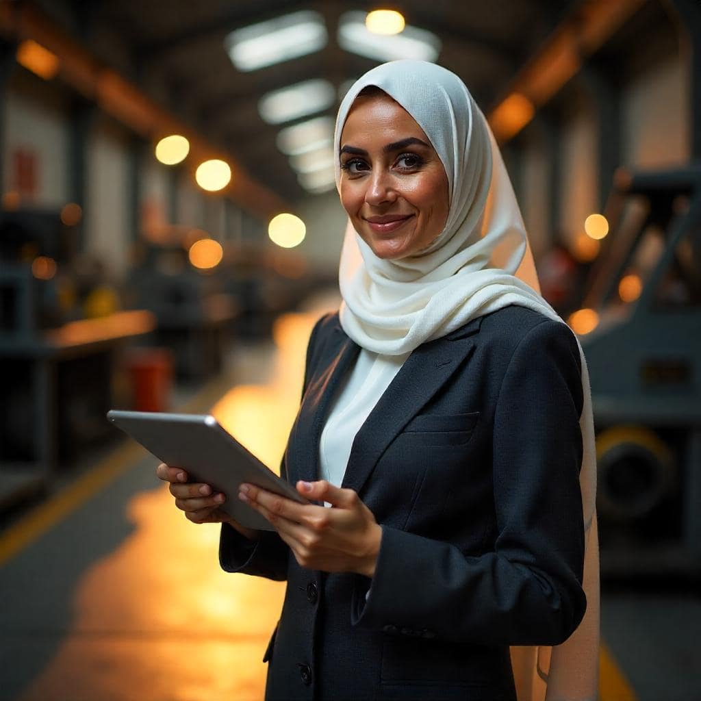 Smiling businesswoman in hijab using tablet in industrial setting, representing SAP S/4HANA Implementation.