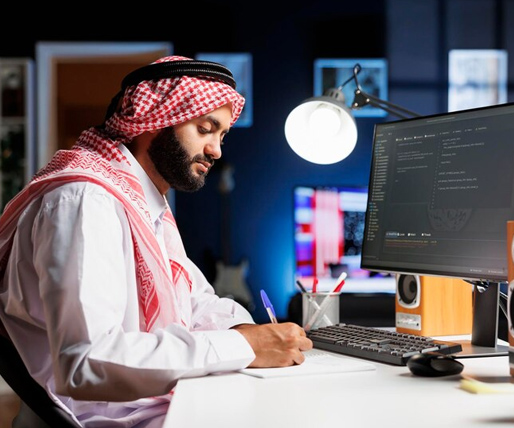 Saudi professional working on computer, representing SAP S/4HANA Solution in Saudi Arabia, KSA.